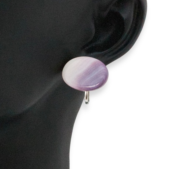 Vintage Purple Banded Agate Earrings Screw Back Clip On Silver Tone - Picture 2 of 4